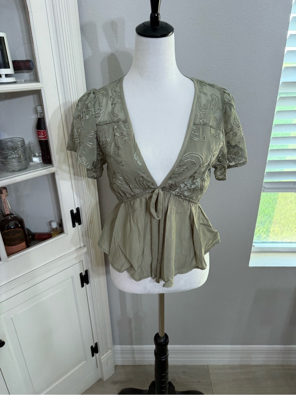 Daytrip Olive Green Embroidered V-Neck Tie-Front Peplum Top